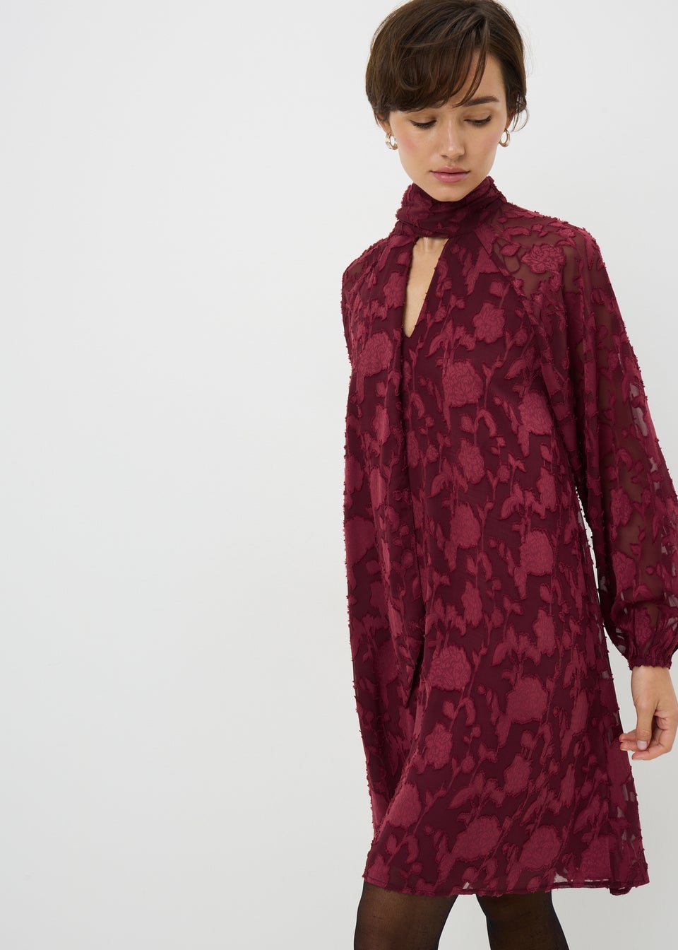 Burgundy Jacquard Tie Neck Mini Smock Dress