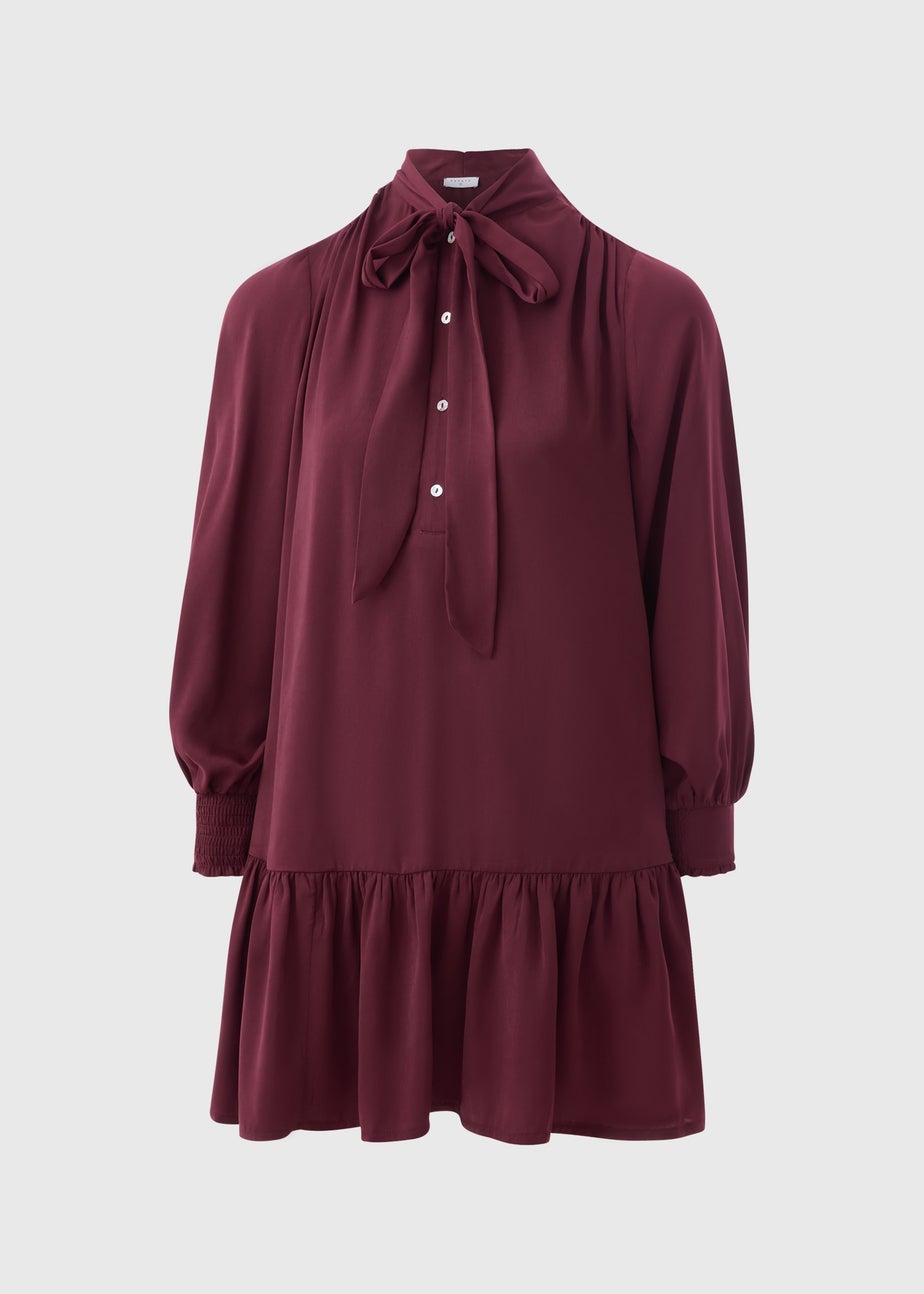 Burgundy Tie Neck Satin Mini Dress