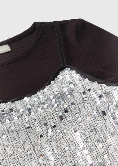 Girls Silver Sequin 2 In 1 T-Shirt Dress (7-15yrs)