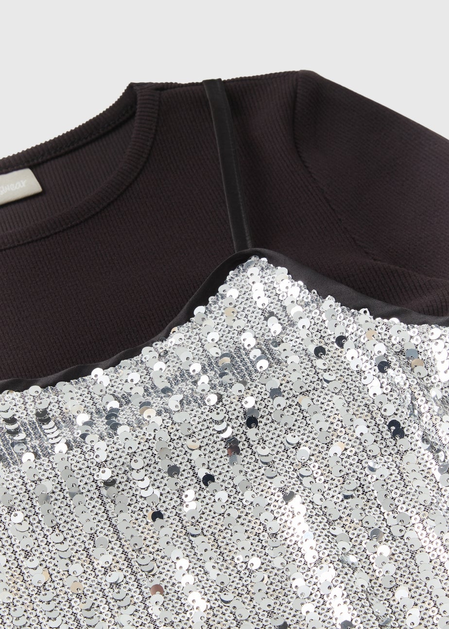 Girls Silver Sequin 2 In 1 T-Shirt Dress (7-15yrs)