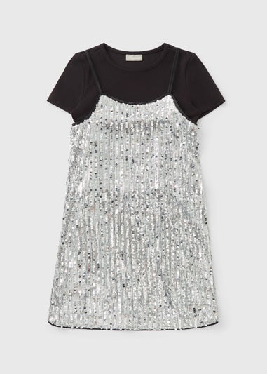 Girls Silver Sequin 2 In 1 T-Shirt Dress (7-15yrs)