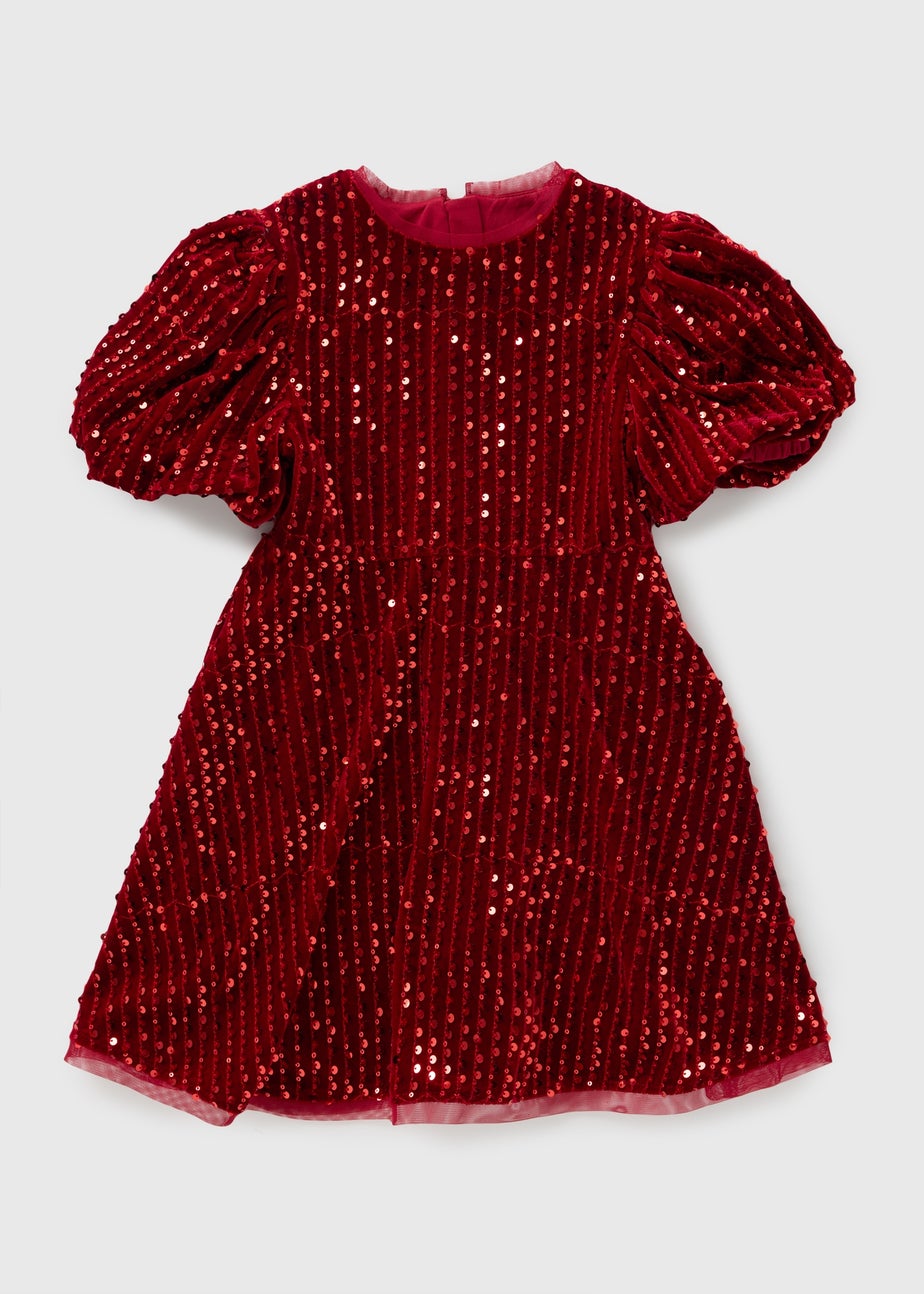 Girls Red Velour Sequin Dress (7-15yrs)