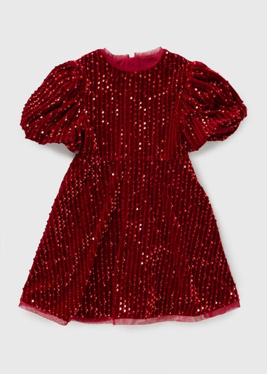 Girls Red Velour Sequin Dress (7-15yrs)