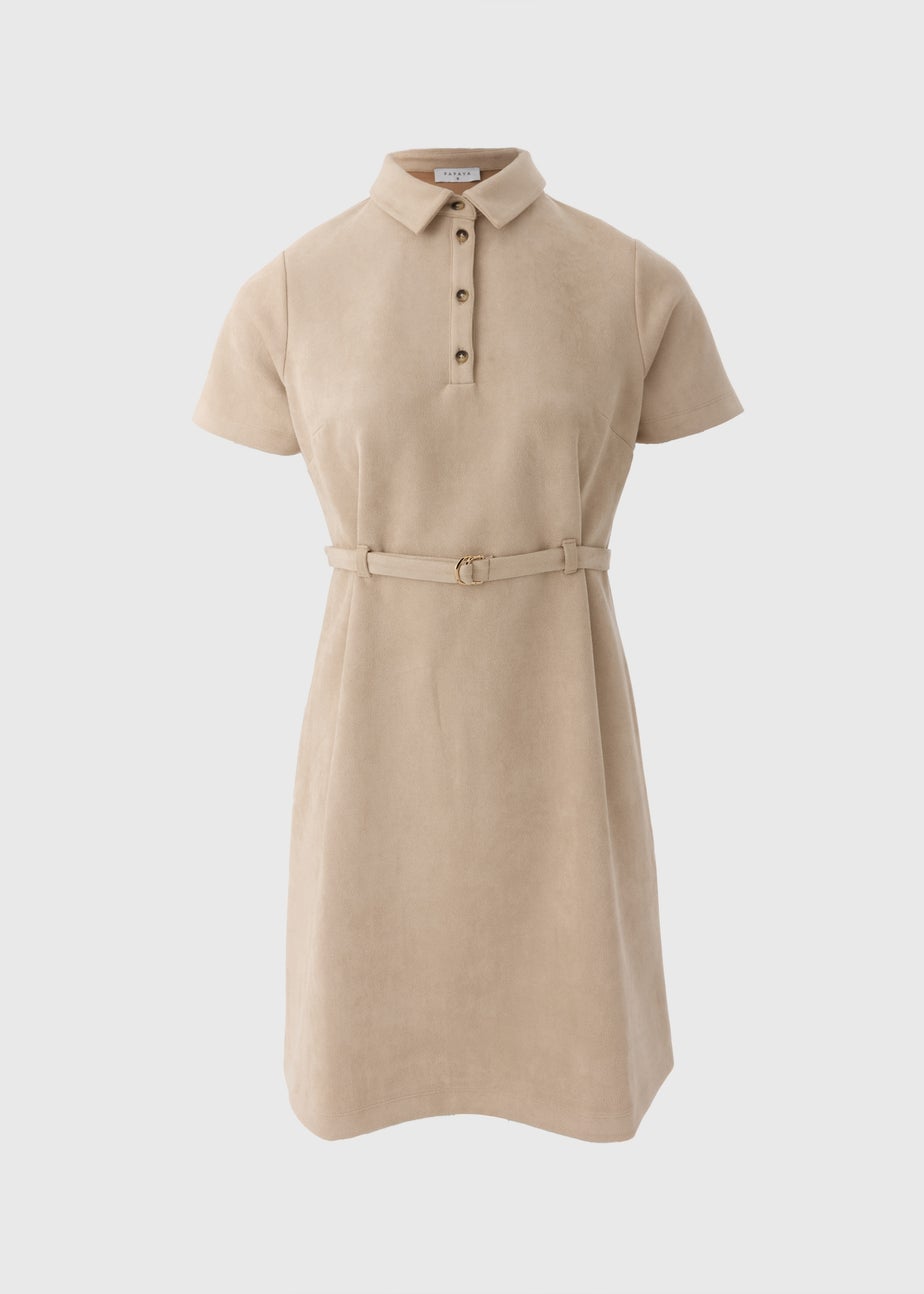 Camel Suedette Belted Mini Dress