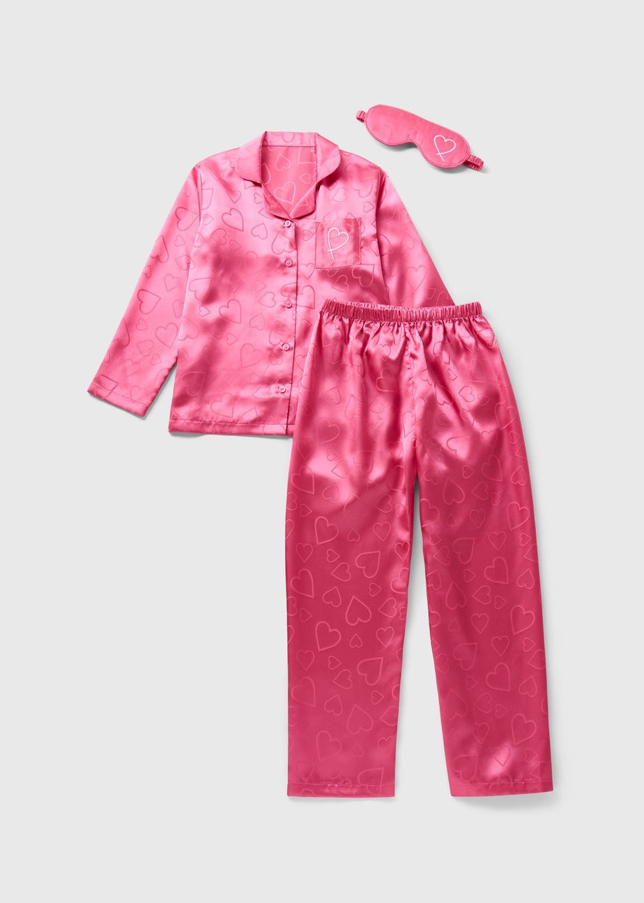 Girls Pink Heart Satin Pyjama Set (7-13yrs)