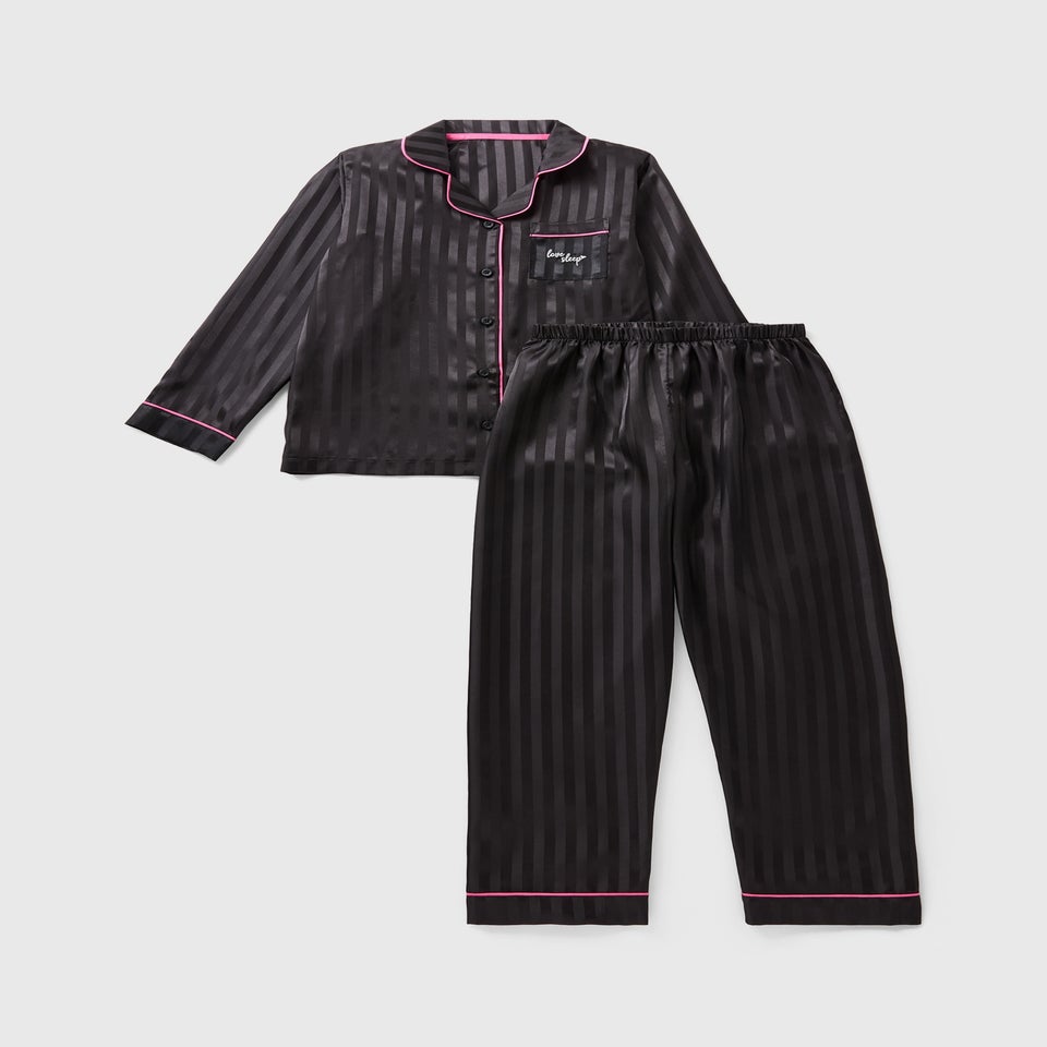Girls Black Satin Jacquard Pyjama Set (4-13yrs)