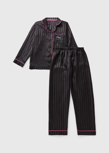 Girls Black Satin Jacquard Pyjama Set (4-13yrs)