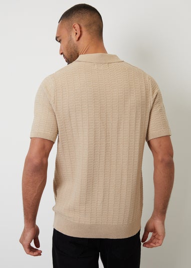 Threadbare Beige Cotton Mix Short Sleeve Textured Knitted Polo Shirt