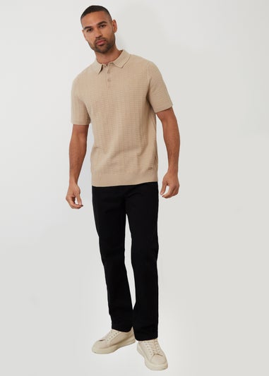 Threadbare Beige Cotton Mix Short Sleeve Textured Knitted Polo Shirt
