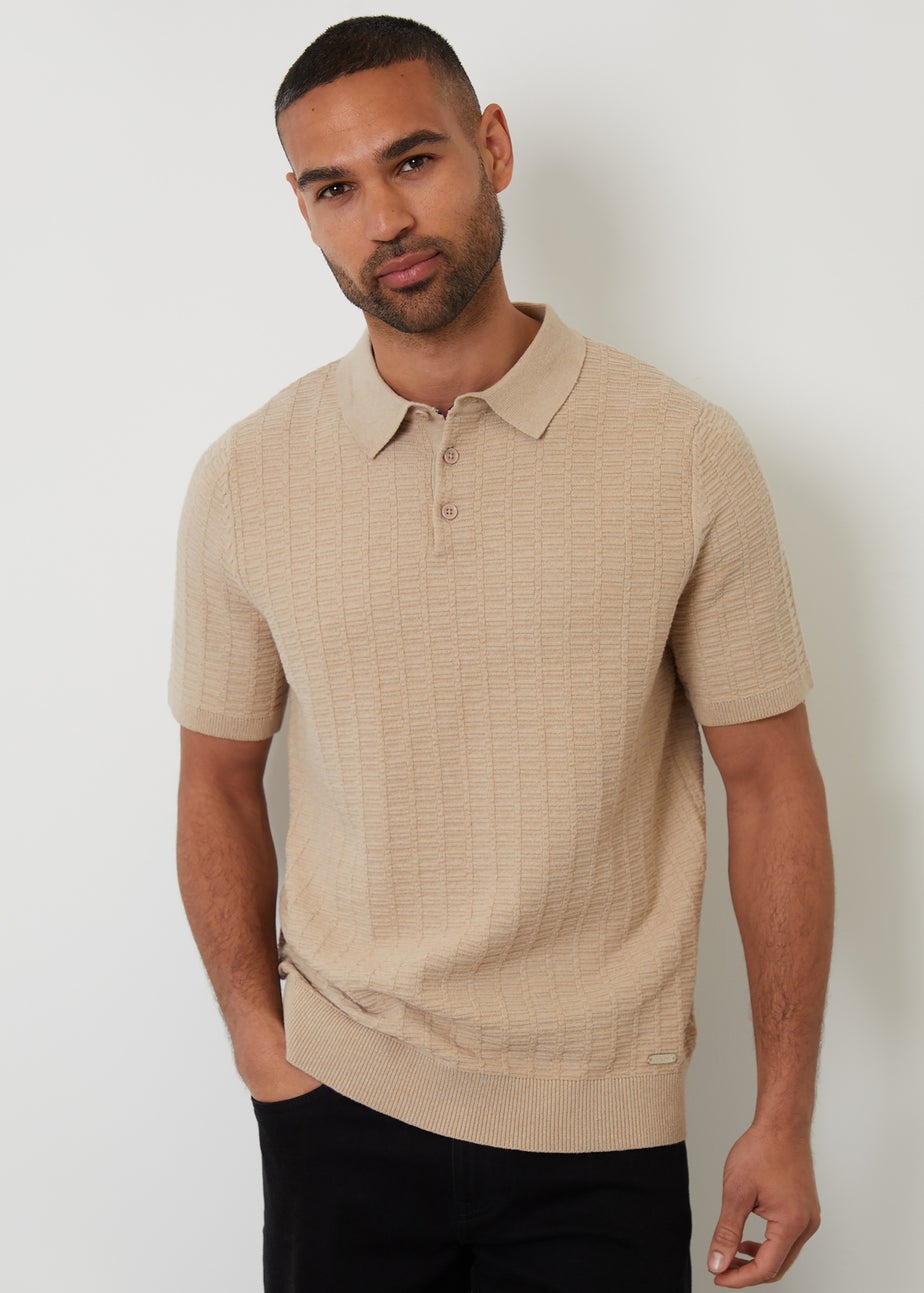 Threadbare Beige Cotton Mix Short Sleeve Textured Knitted Polo Shirt