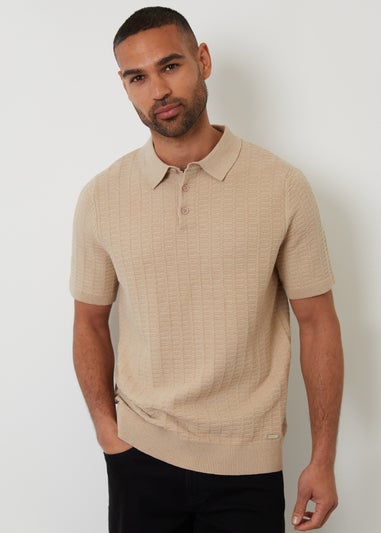 Threadbare Beige Cotton Mix Short Sleeve Textured Knitted Polo Shirt