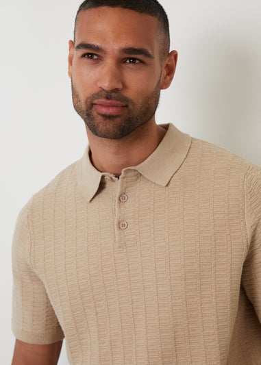 Threadbare Beige Cotton Mix Short Sleeve Textured Knitted Polo Shirt