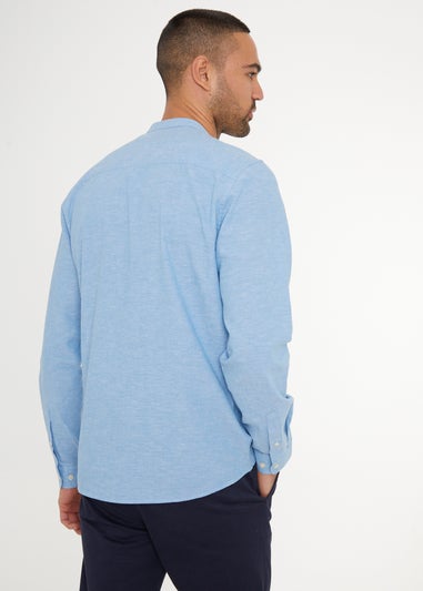 Threadbare Blue Linen Blend Long Sleeve Grandad Collar Shirt