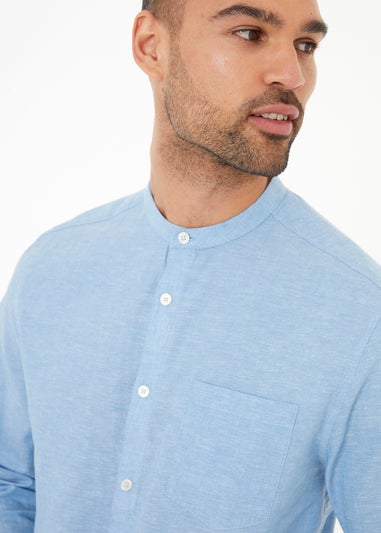 Threadbare Blue Linen Blend Long Sleeve Grandad Collar Shirt