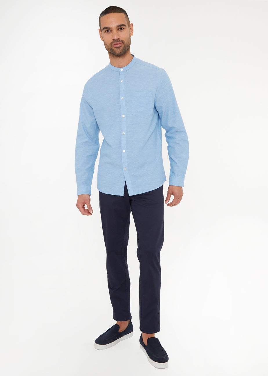 Threadbare Blue Linen Blend Long Sleeve Grandad Collar Shirt