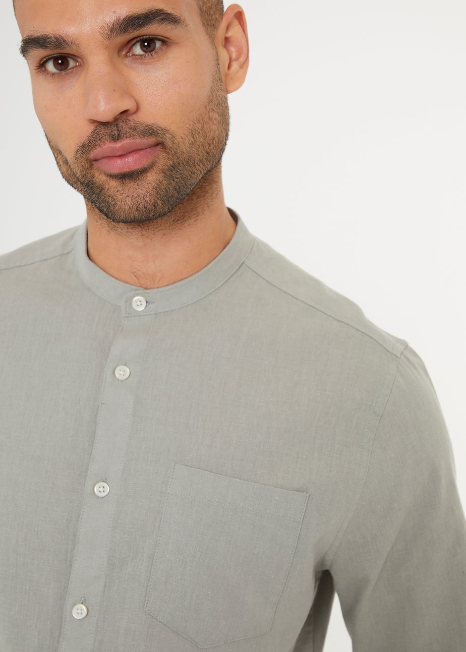 Threadbare Soft Green Linen Blend Long Sleeve Grandad Collar Shirt