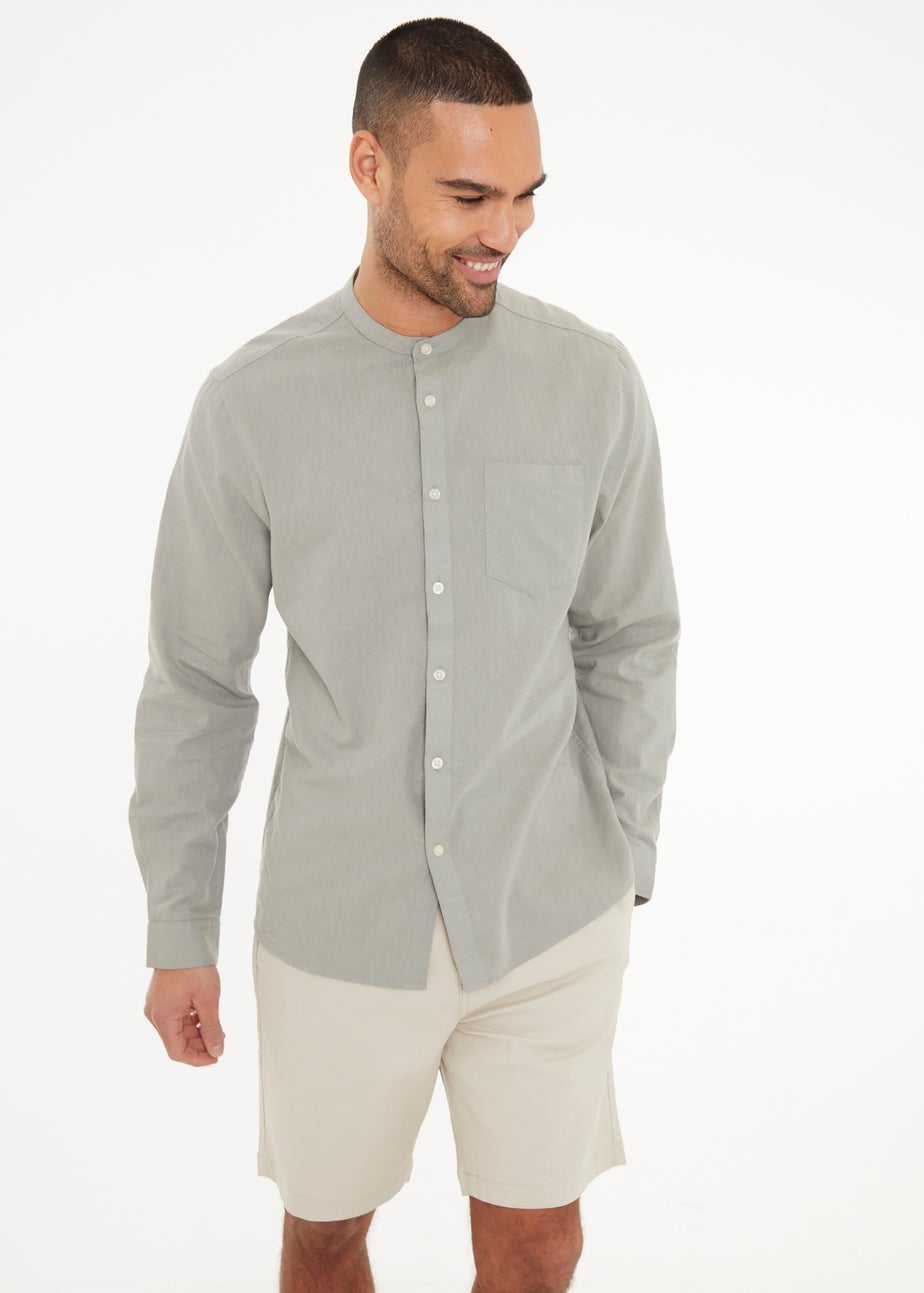 Threadbare Soft Green Linen Blend Long Sleeve Grandad Collar Shirt