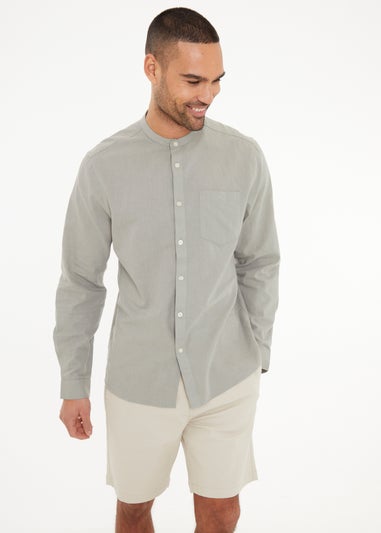 Threadbare Soft Green Linen Blend Long Sleeve Grandad Collar Shirt