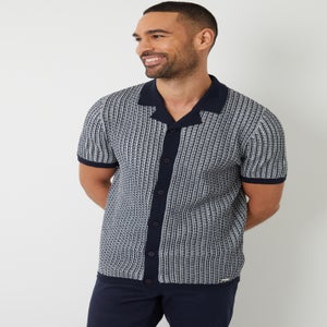 Threadbare Navy Textured Stripe Revere Collar Knitted Shirt