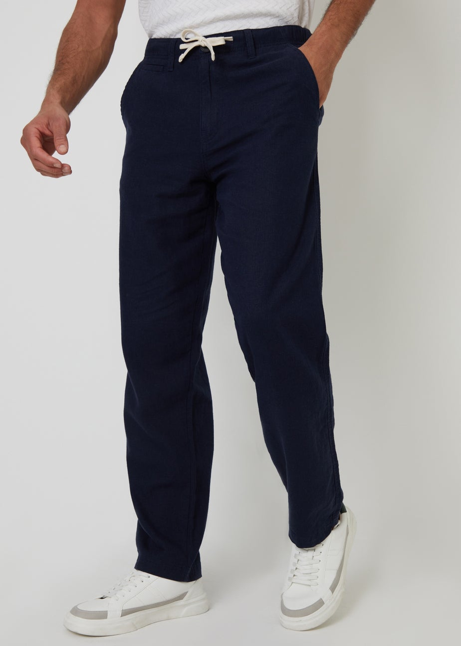 Threadbare Navy Annual Linen Blend Casual Trousers
