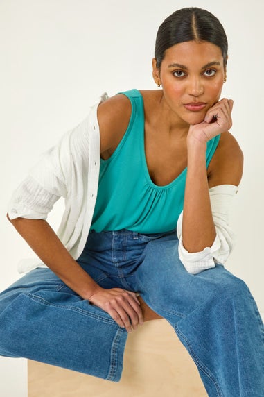 Roman Teal Plain V Neck Stretch Jersey Vest Top