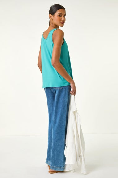 Roman Teal Plain V Neck Stretch Jersey Vest Top