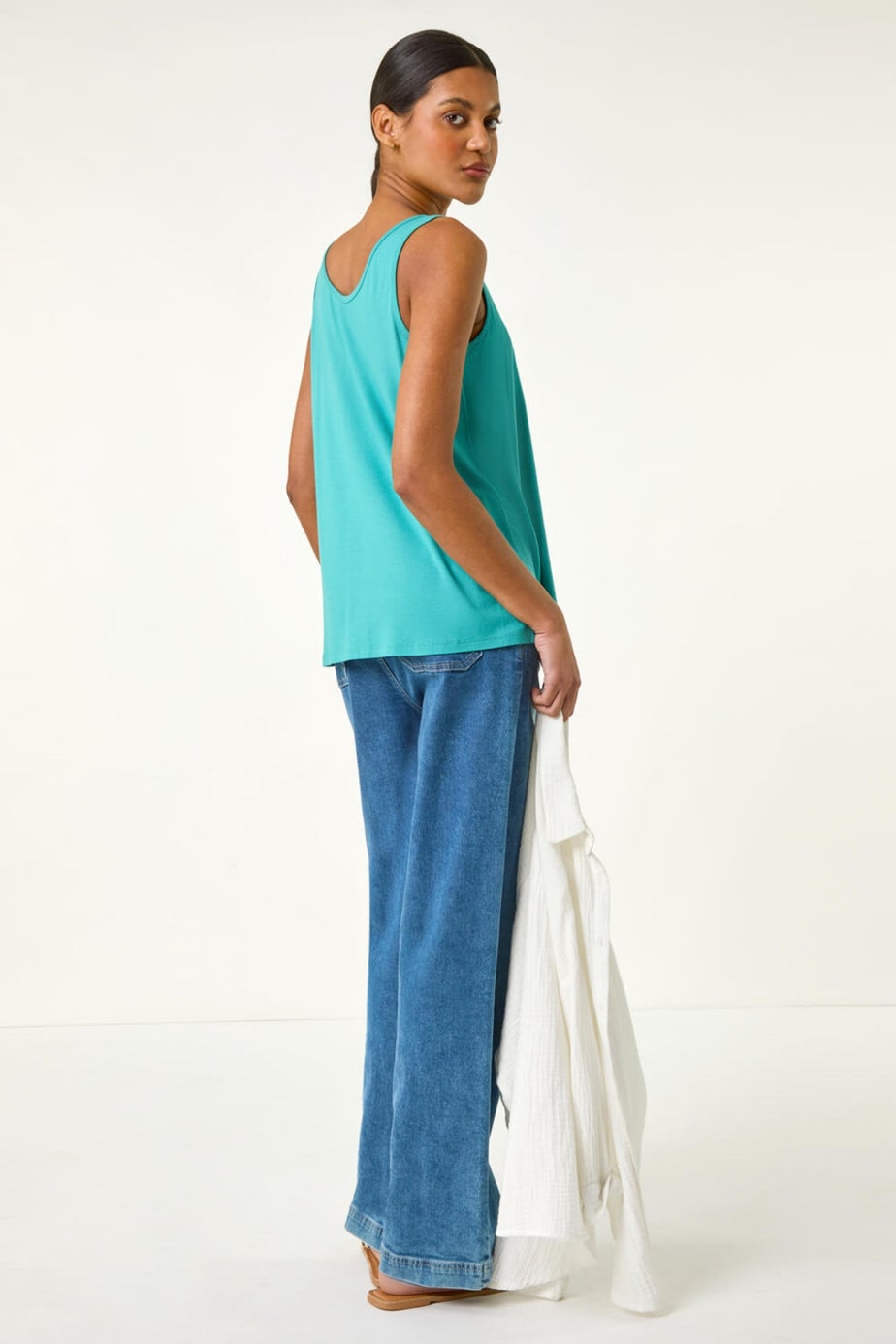 Roman Teal Plain V Neck Stretch Jersey Vest Top