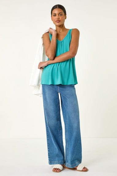 Roman Teal Plain V Neck Stretch Jersey Vest Top