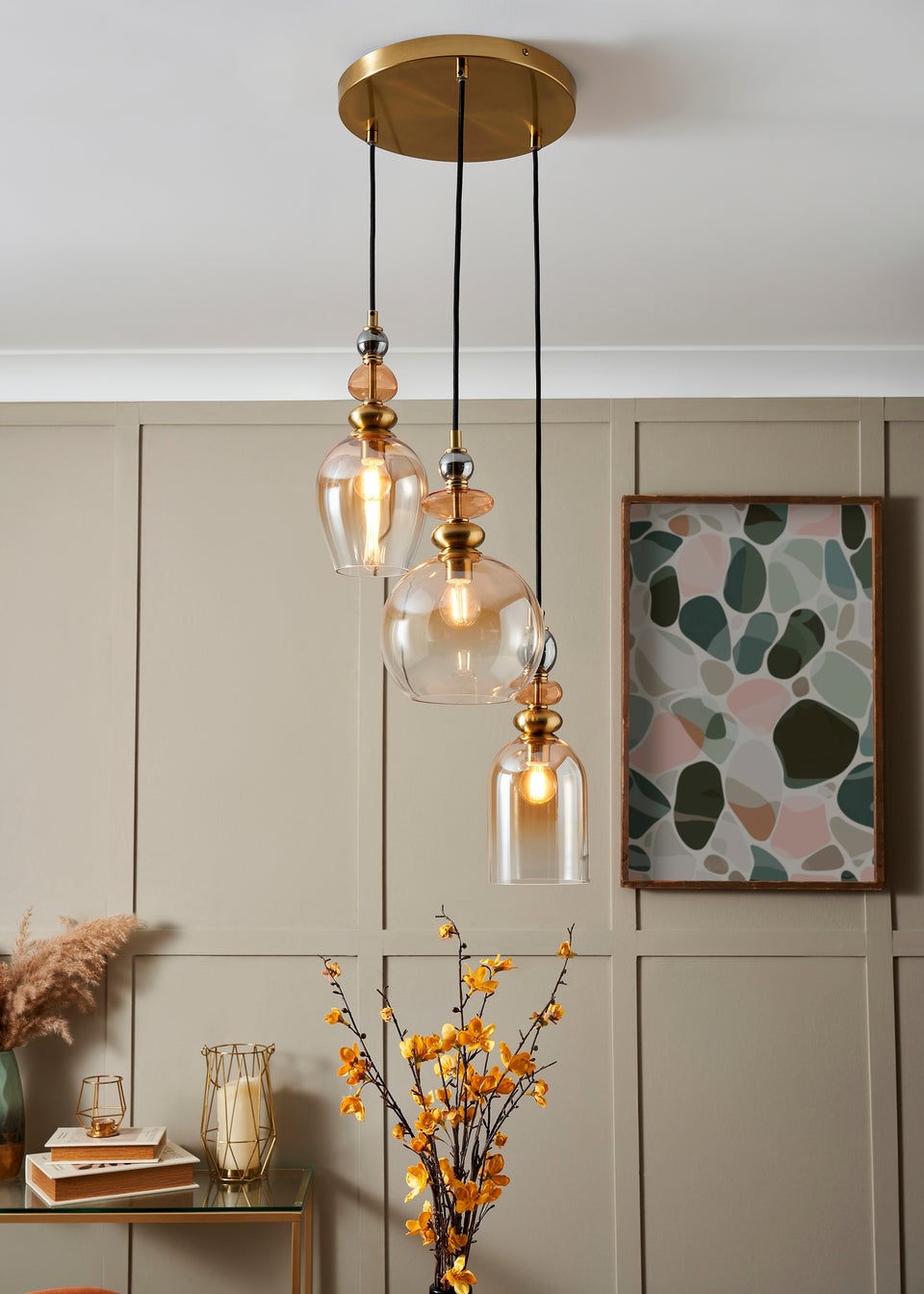 BHS Lighting Teyana Brass Glass 3 Light Cascade (65-100cm x 37cm)