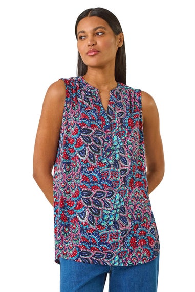 Roman Blue Abstract Print Stretch Vest Top