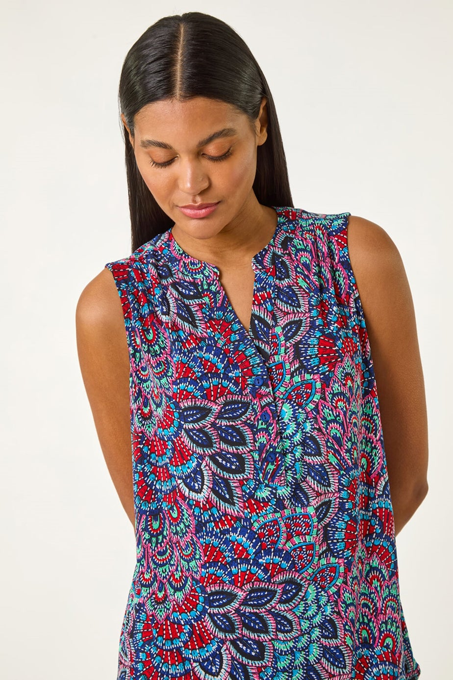 Roman Blue Abstract Print Stretch Vest Top