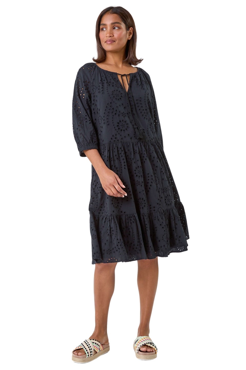 Roman Black Cotton Broderie Tiered Smock Dress