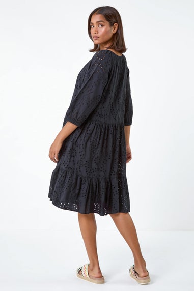 Roman Black Cotton Broderie Tiered Smock Dress