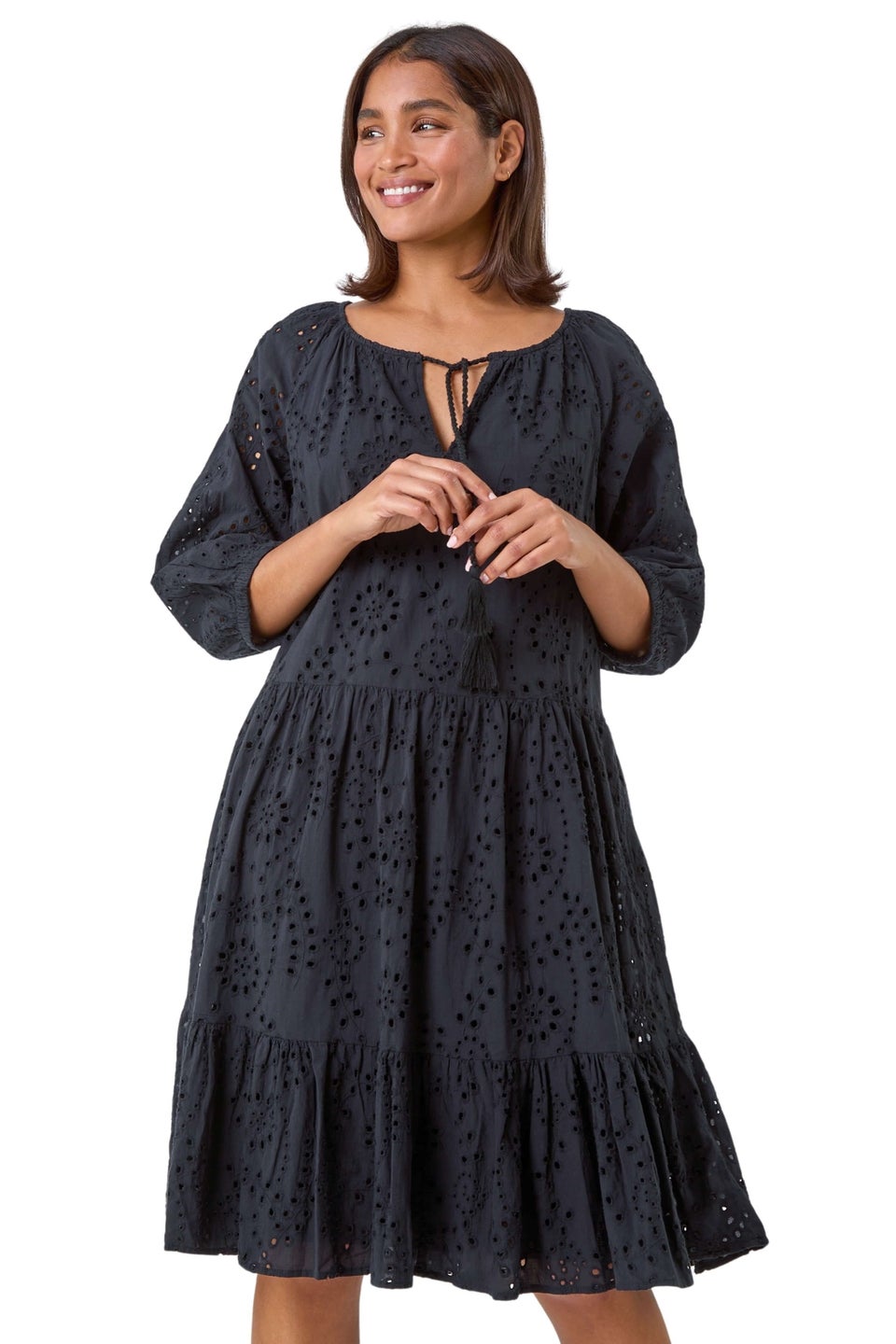 Roman Black Cotton Broderie Tiered Smock Dress