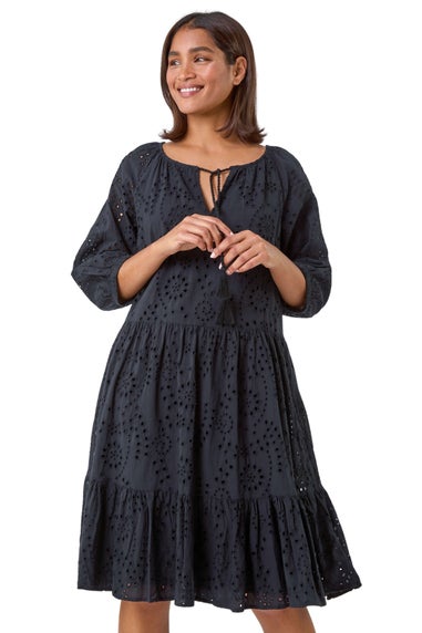 Roman Black Cotton Broderie Tiered Smock Dress
