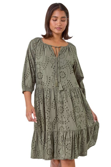 Roman Khaki Cotton Broderie Tiered Smock Dress
