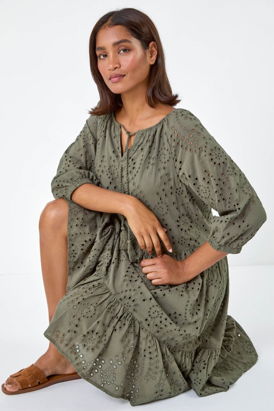 Roman Khaki Cotton Broderie Tiered Smock Dress