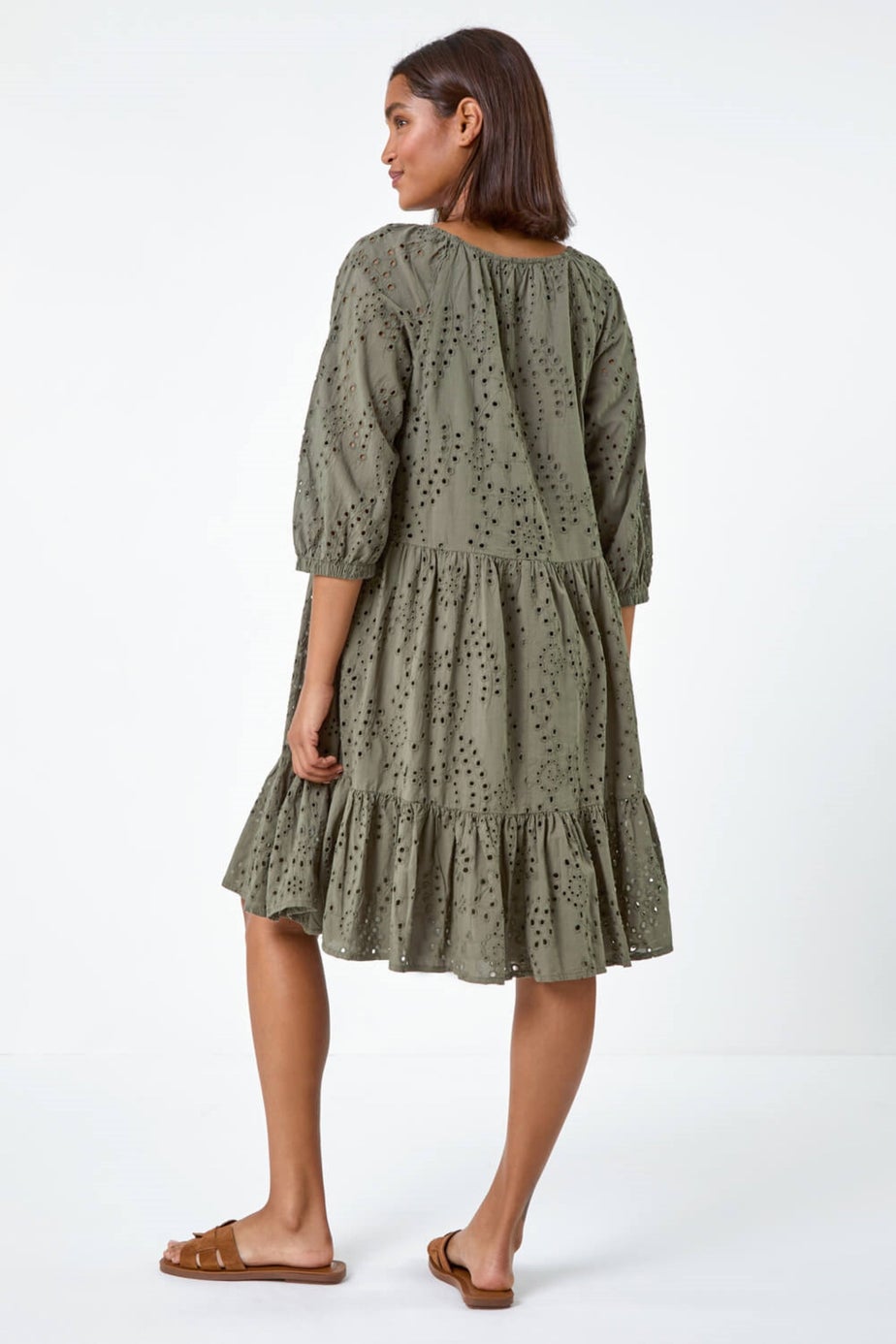 Roman Khaki Cotton Broderie Tiered Smock Dress