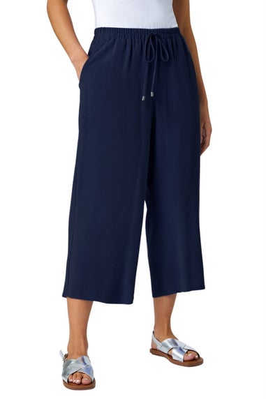 Roman Navy Petite Linen Mix Wide Cropped Trousers