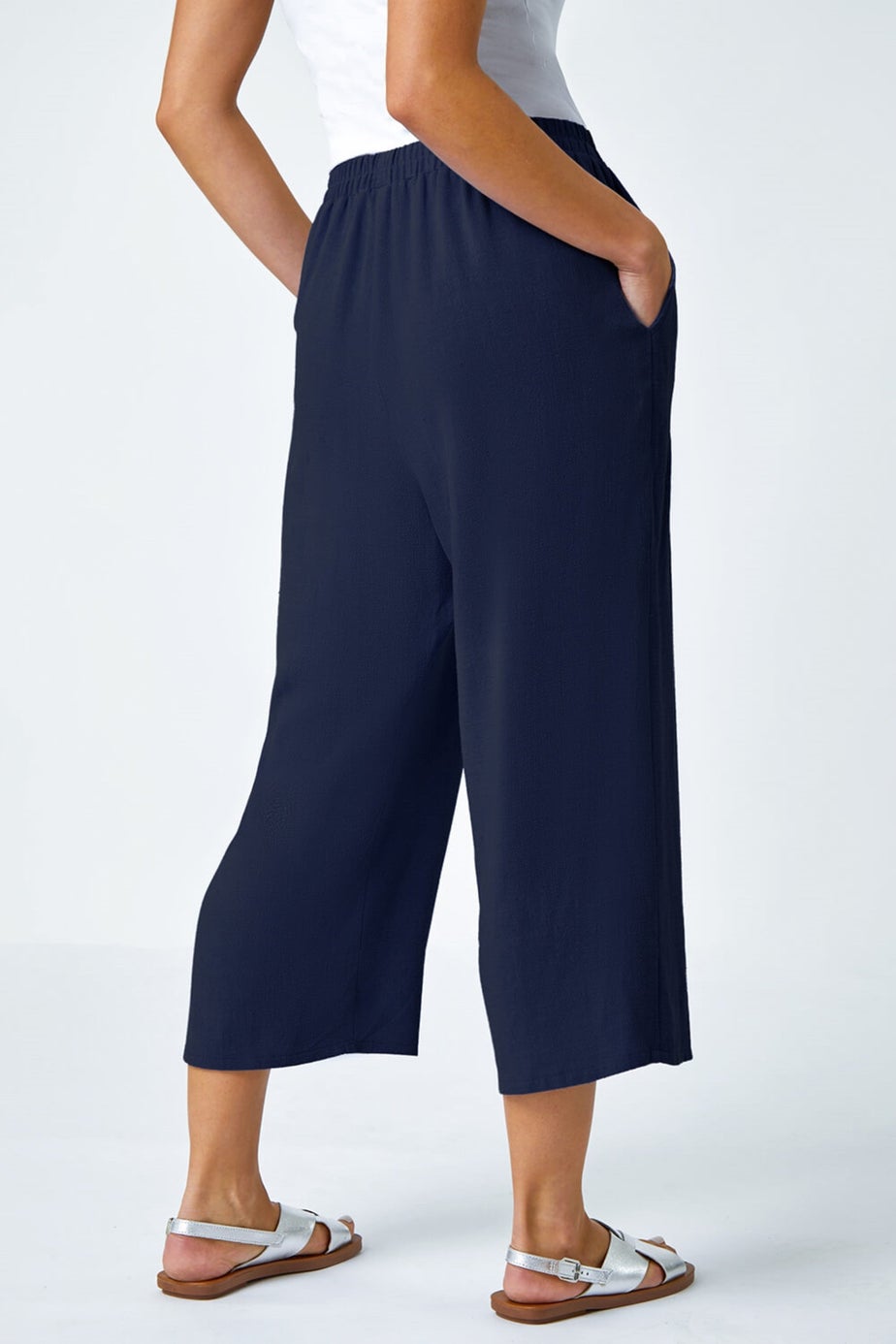 Roman Navy Petite Linen Mix Wide Cropped Trousers