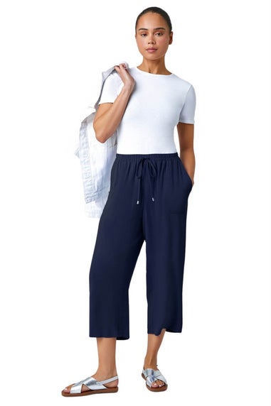 Roman Navy Petite Linen Mix Wide Cropped Trousers