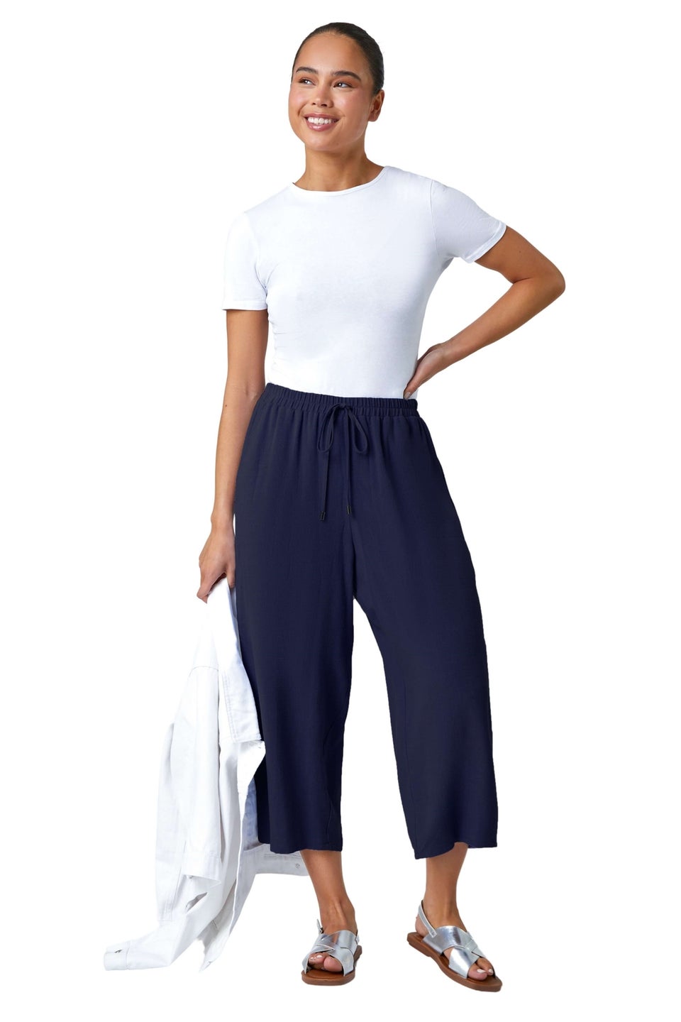 Roman Navy Petite Linen Mix Wide Cropped Trousers
