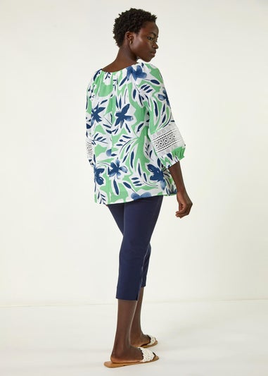 Roman Pale Green Floral Print Tie Front Top