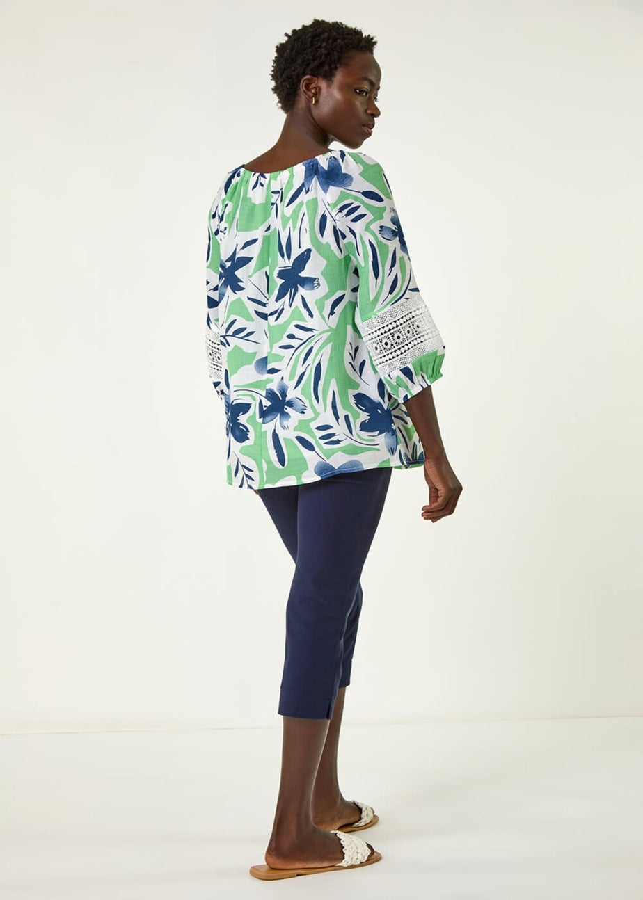 Roman Pale Green Floral Print Tie Front Top