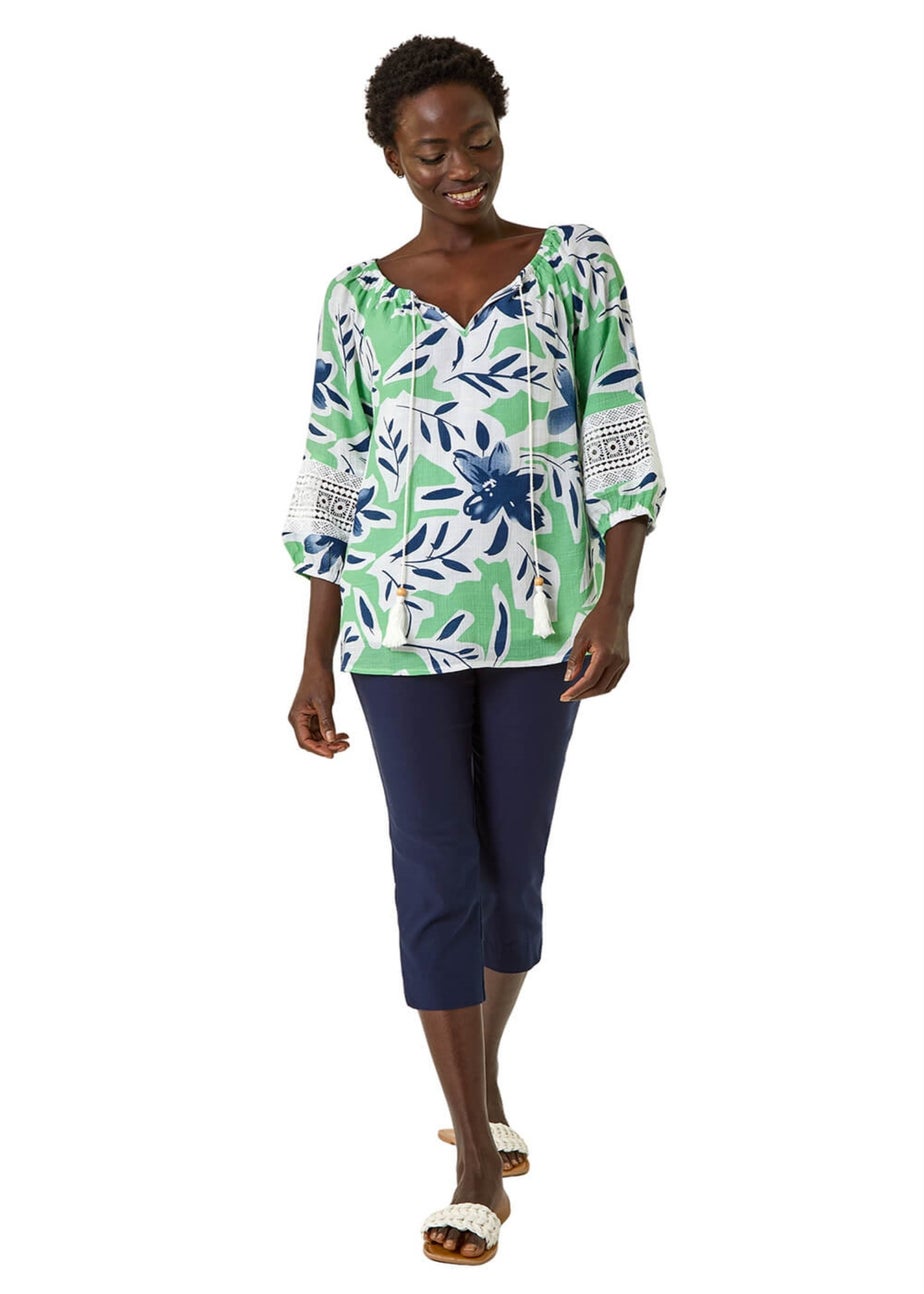 Roman Pale Green Floral Print Tie Front Top