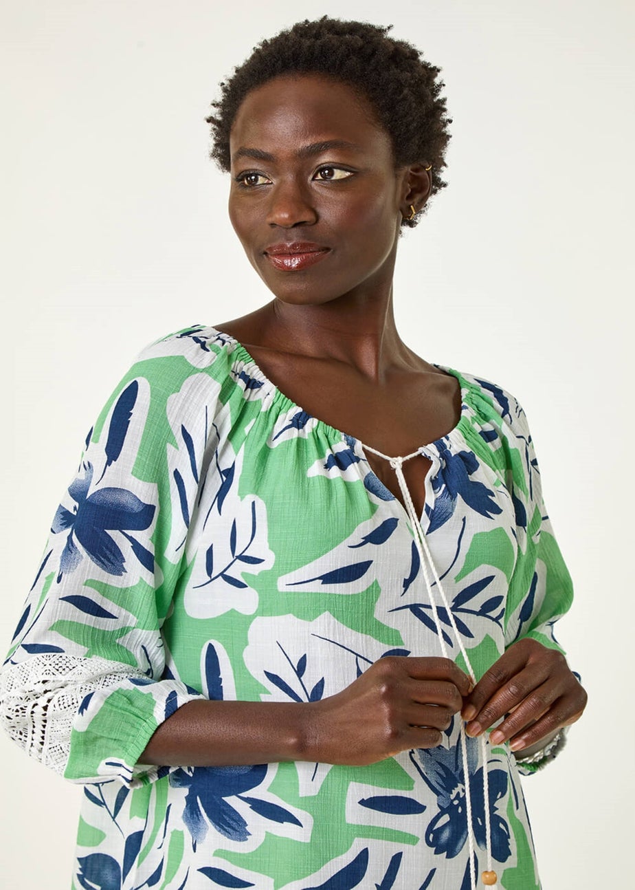 Roman Pale Green Floral Print Tie Front Top