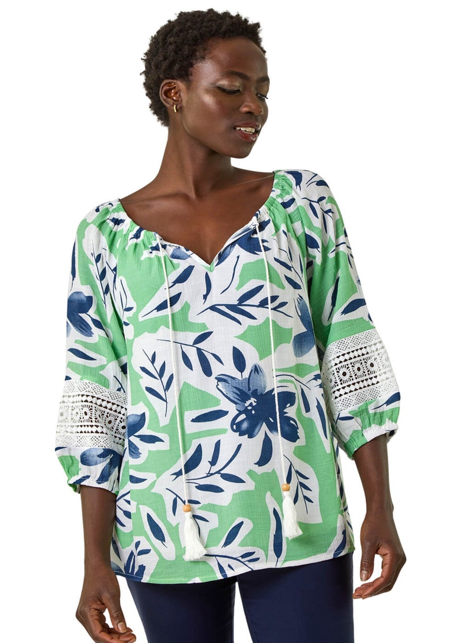 Roman Pale Green Floral Print Tie Front Top