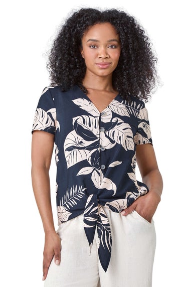 Roman Navy Petite Tropical Tie Detail Top
