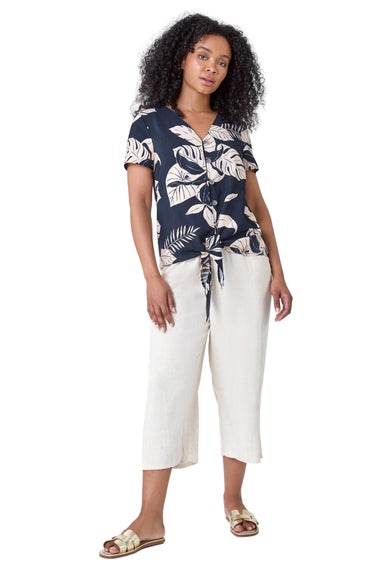 Roman Navy Petite Tropical Tie Detail Top