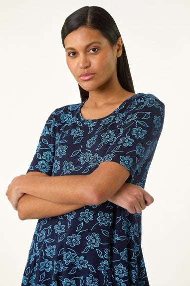 Roman Blue Floral Hanky Hem Pocket Tunic Top